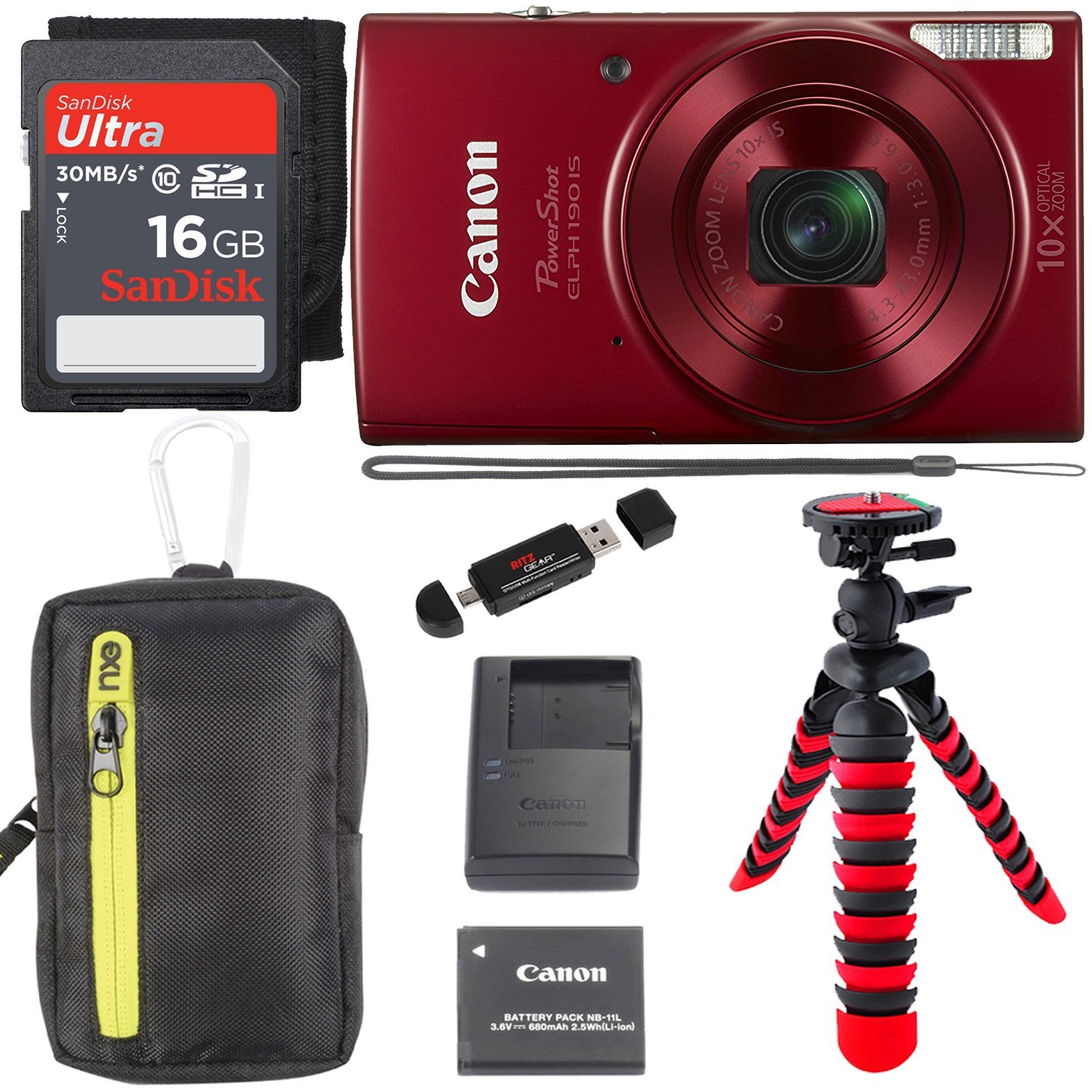 CANON POWERSHOT ELPH190 DIGITAL CAMERA 10x OPTICAL ZOOM IS WI-FI NFC ENABLED (RED) SANDISK ULTRA 16GB CAMERA CASE AND PREMIUM ACCESORY BUNDLE
